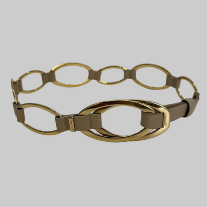 GUCCI Cintura a catena ovali dorati con inserti di pelle beige