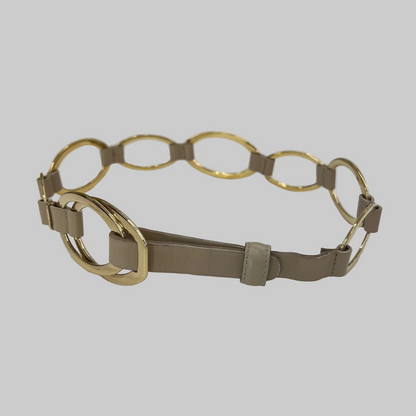 GUCCI Cintura a catena ovali dorati con inserti di pelle beige