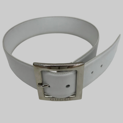 GUCCI Cintura in pelle bianca fibbia quadrata argento