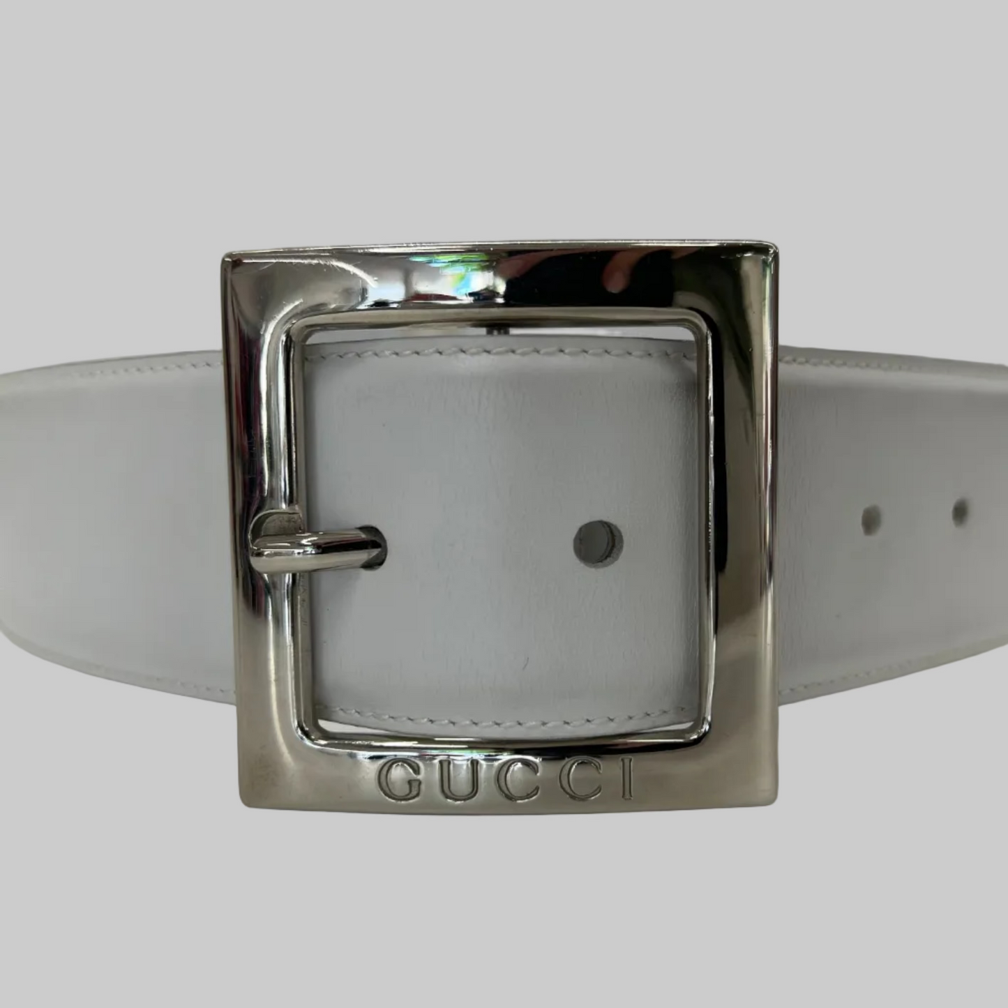 GUCCI Cintura in pelle bianca fibbia quadrata argento