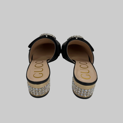 GUCCI Scarpa sabot "Candy Crystal Mule" in pelle nera con fiocco e strass