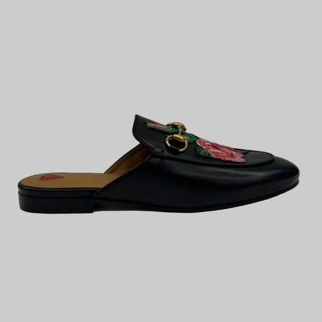 GUCCI Scarpe Slipper Princetown Floral Mules nero con rose rosa