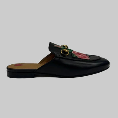 GUCCI Scarpe Slipper Princetown Floral Mules nero con rose rosa