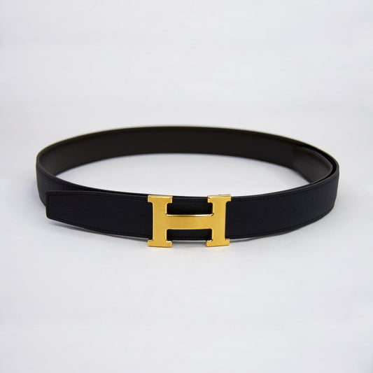 HERMES Cintura blu notte reversibile marrone con fibbia H oro satinato