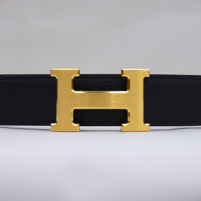 HERMES Cintura blu notte reversibile marrone con fibbia H oro satinato