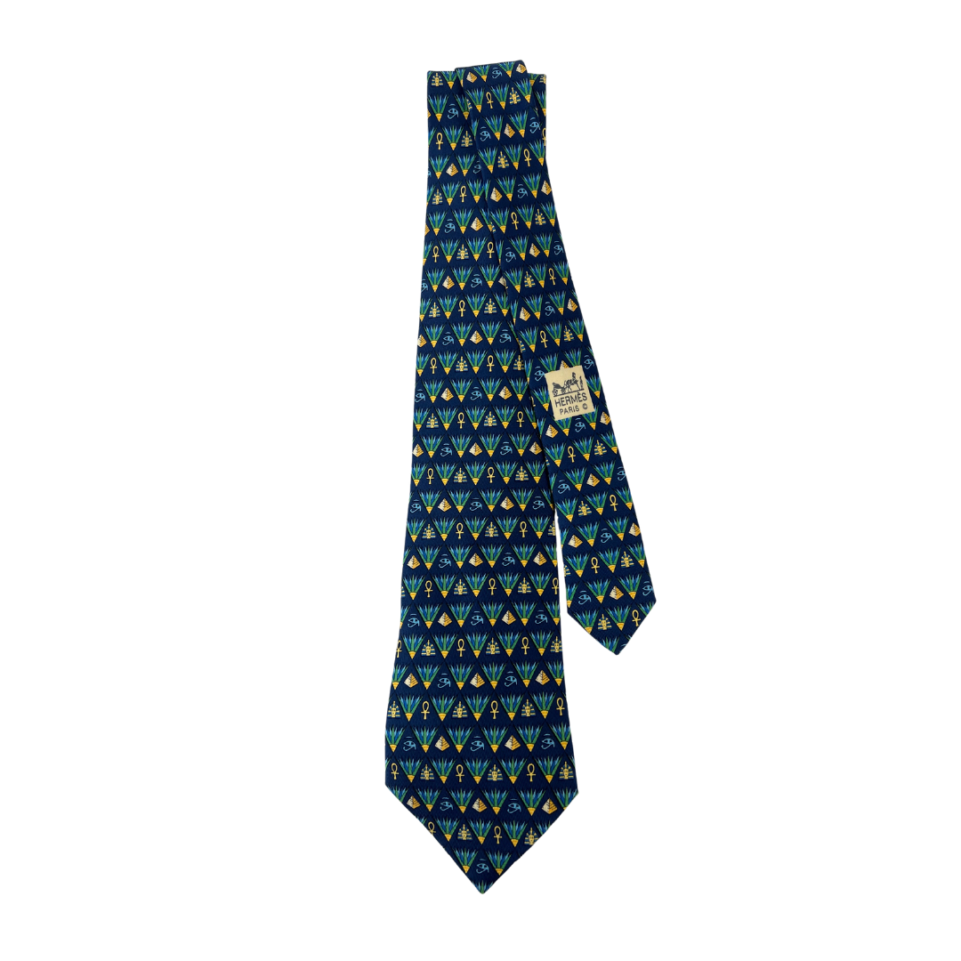 HERMES Cravatta blu con disegni egizi