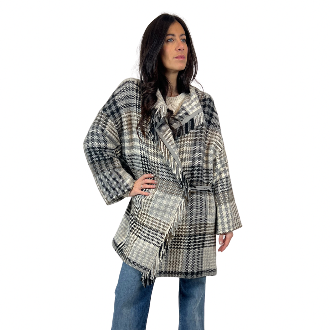 LORO PIANA Cappottino fantasia check grigia in cashmere