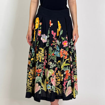 LAVI COUTURE Gonna nera a pieghe con fiori multicolori