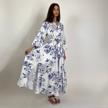 LAVI COUTURE Abito Pupa lungo bianco con stampa  fiori blu