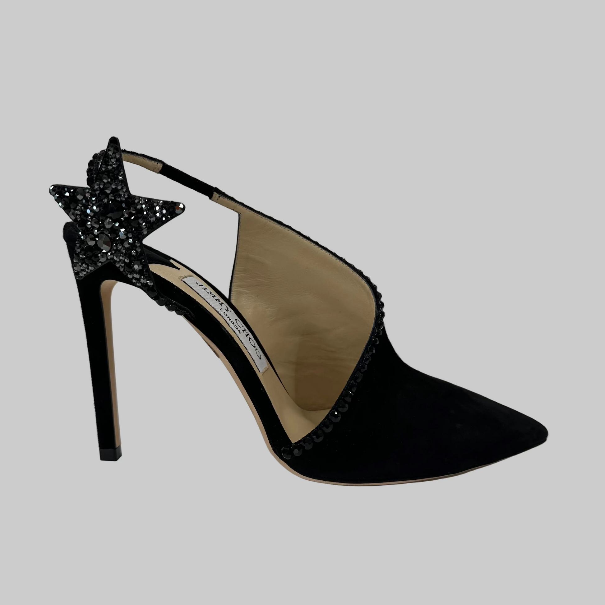 JIMMY CHOO Scarpa sandalo scamosciato in pelle nera aperta lateralmente con stella