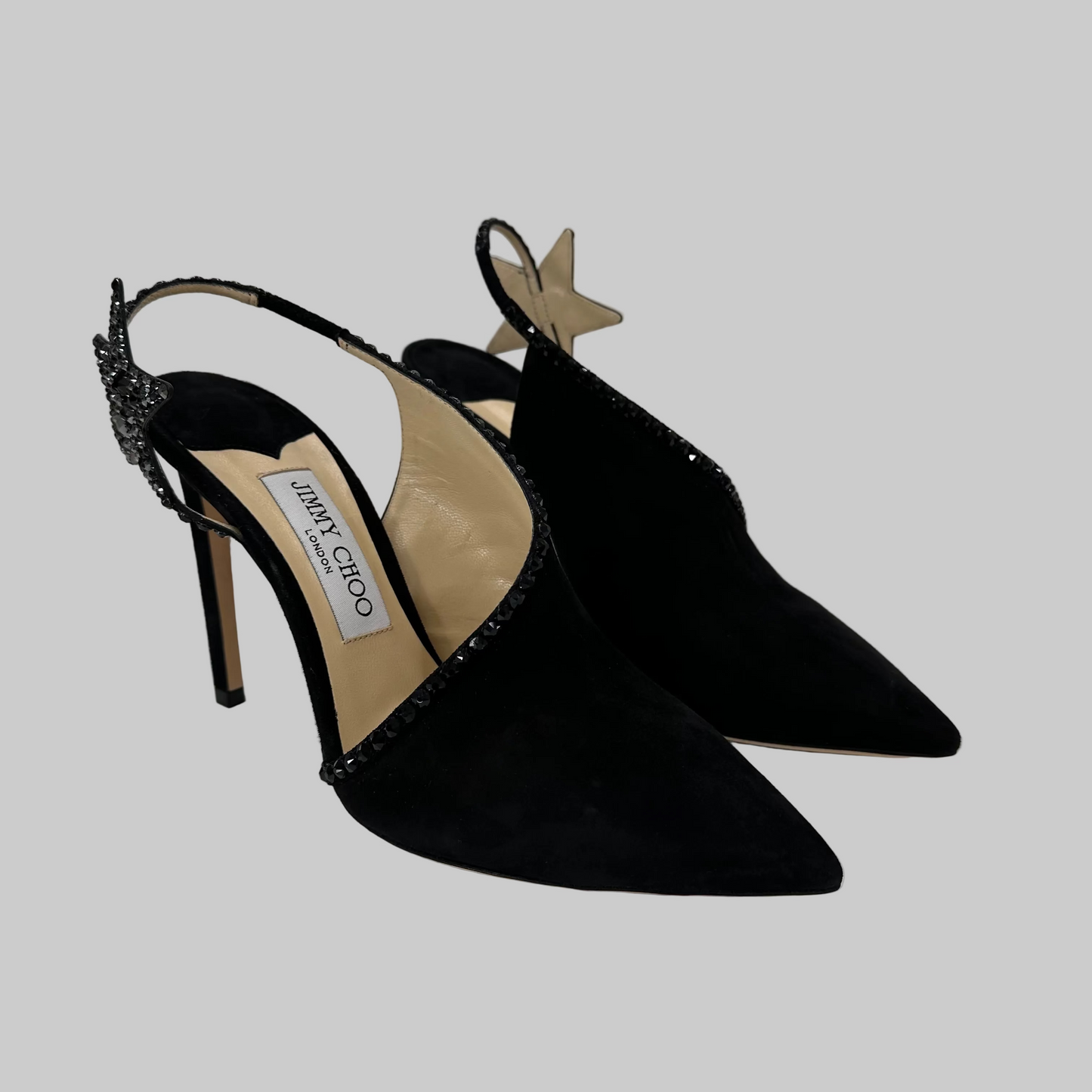 JIMMY CHOO Scarpa sandalo scamosciato in pelle nera aperta lateralmente con stella