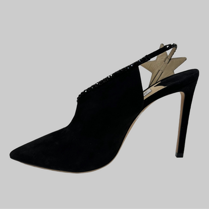 JIMMY CHOO Scarpa sandalo scamosciato in pelle nera aperta lateralmente con stella