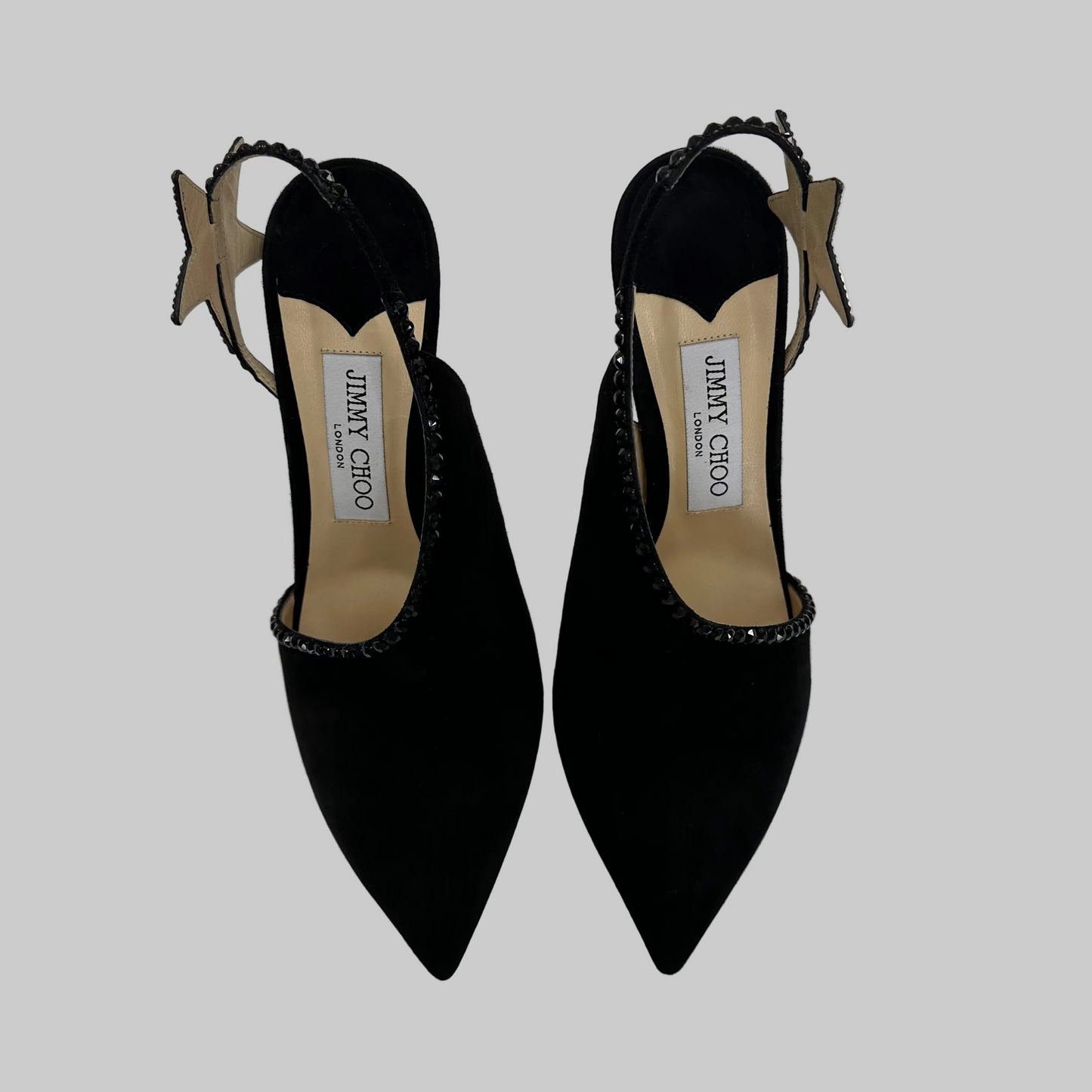 JIMMY CHOO Scarpa sandalo scamosciato in pelle nera aperta lateralmente con stella