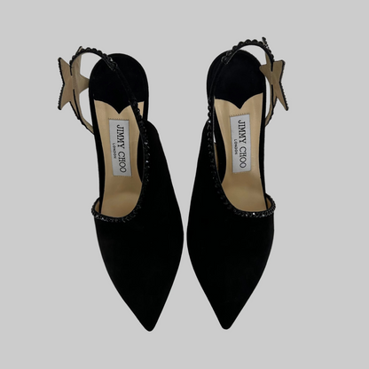 JIMMY CHOO Scarpa sandalo scamosciato in pelle nera aperta lateralmente con stella