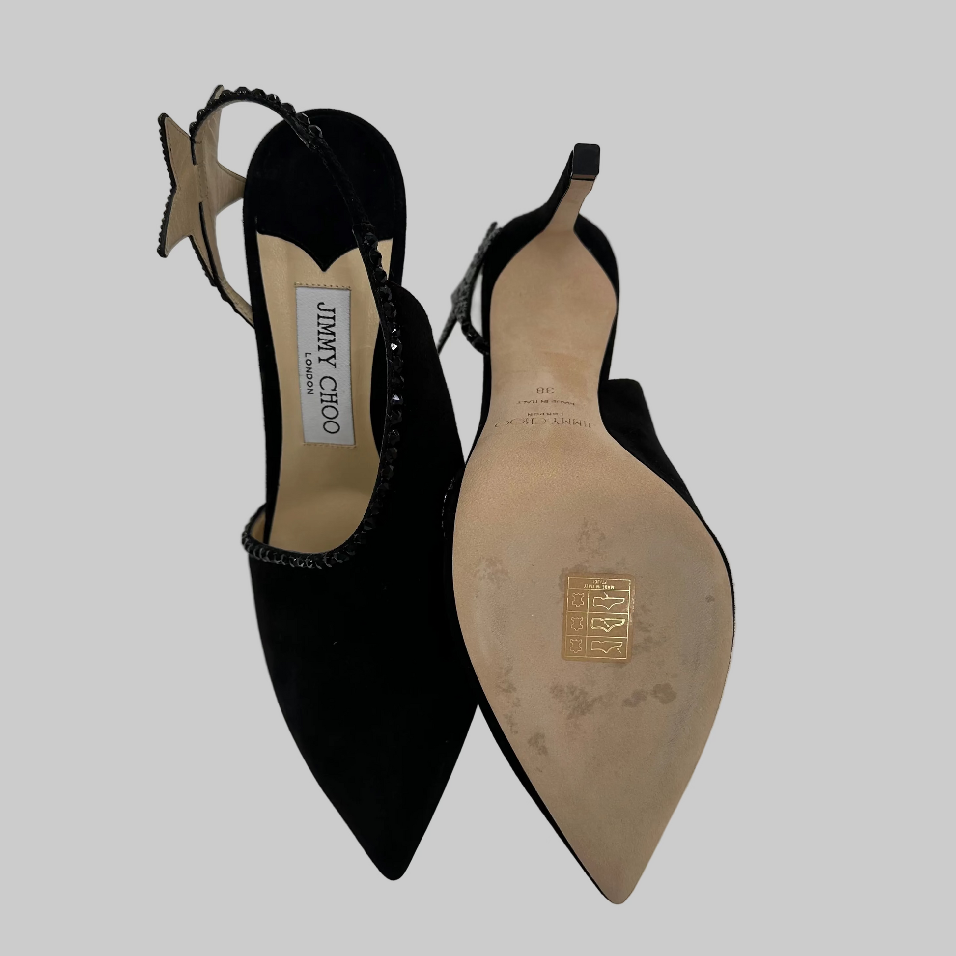 JIMMY CHOO Scarpa sandalo scamosciato in pelle nera aperta lateralmente con stella