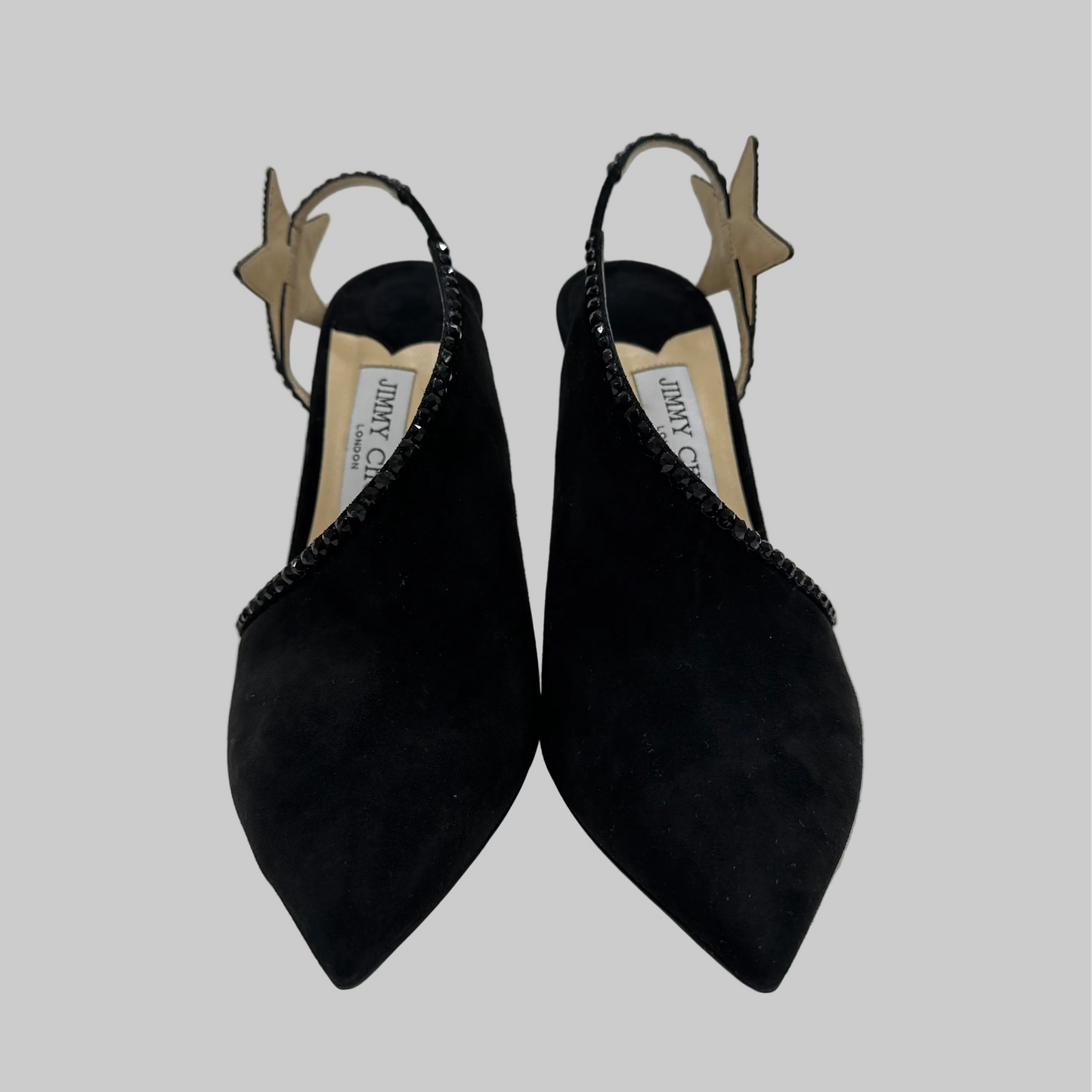 JIMMY CHOO Scarpa sandalo scamosciato in pelle nera aperta lateralmente con stella