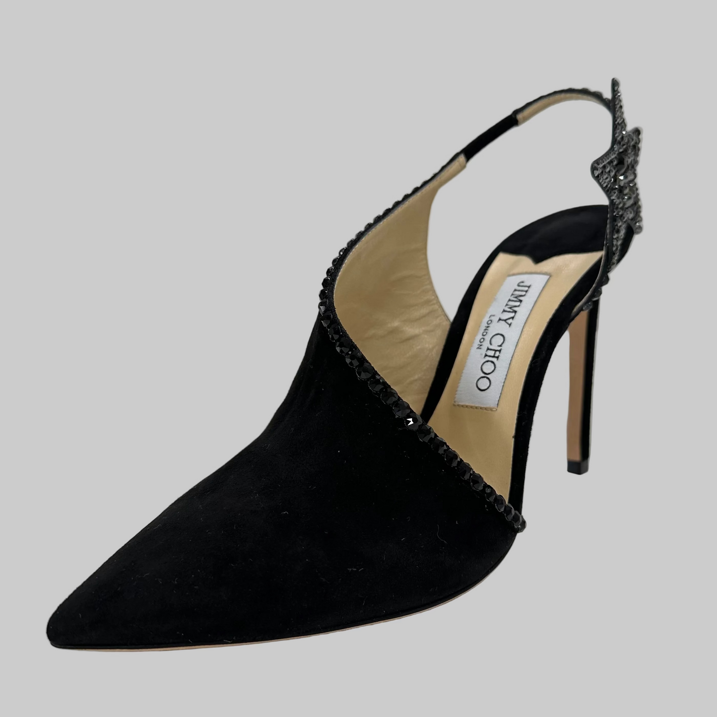 JIMMY CHOO Scarpa sandalo scamosciato in pelle nera aperta lateralmente con stella
