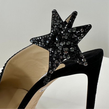 JIMMY CHOO Scarpa sandalo scamosciato in pelle nera aperta lateralmente con stella