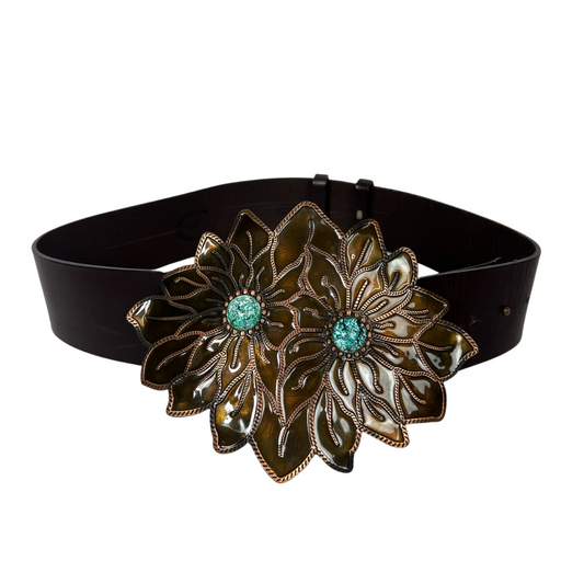 JUST CAVALLI Cintura in cuoio con fibbia doppio fiore