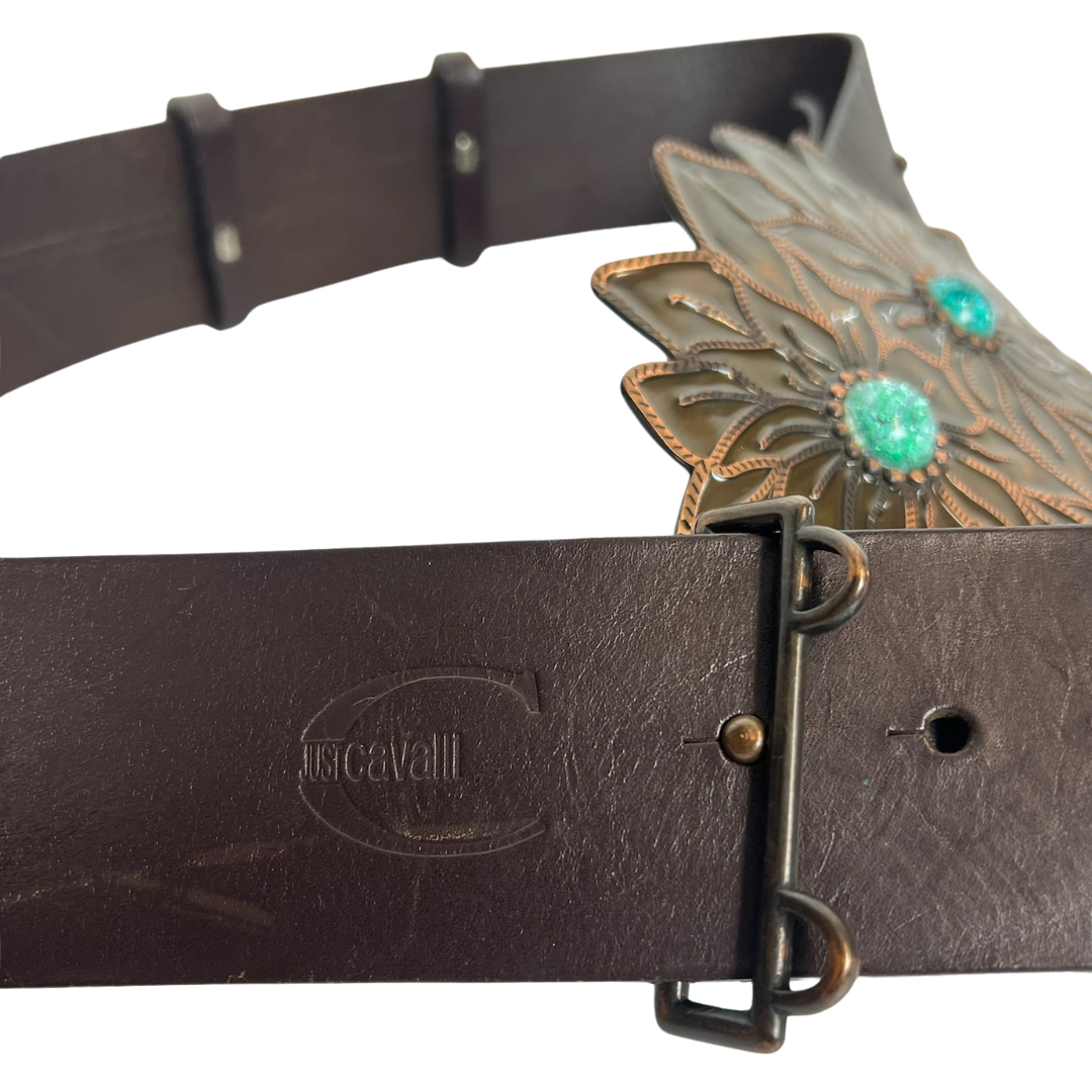 JUST CAVALLI Cintura in cuoio con fibbia doppio fiore