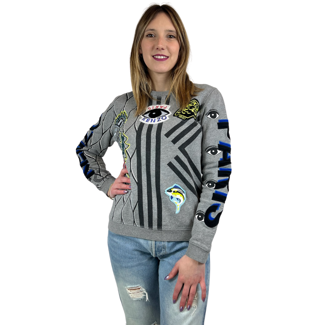 KENZO Felpa grigia con stampe  e stemmi