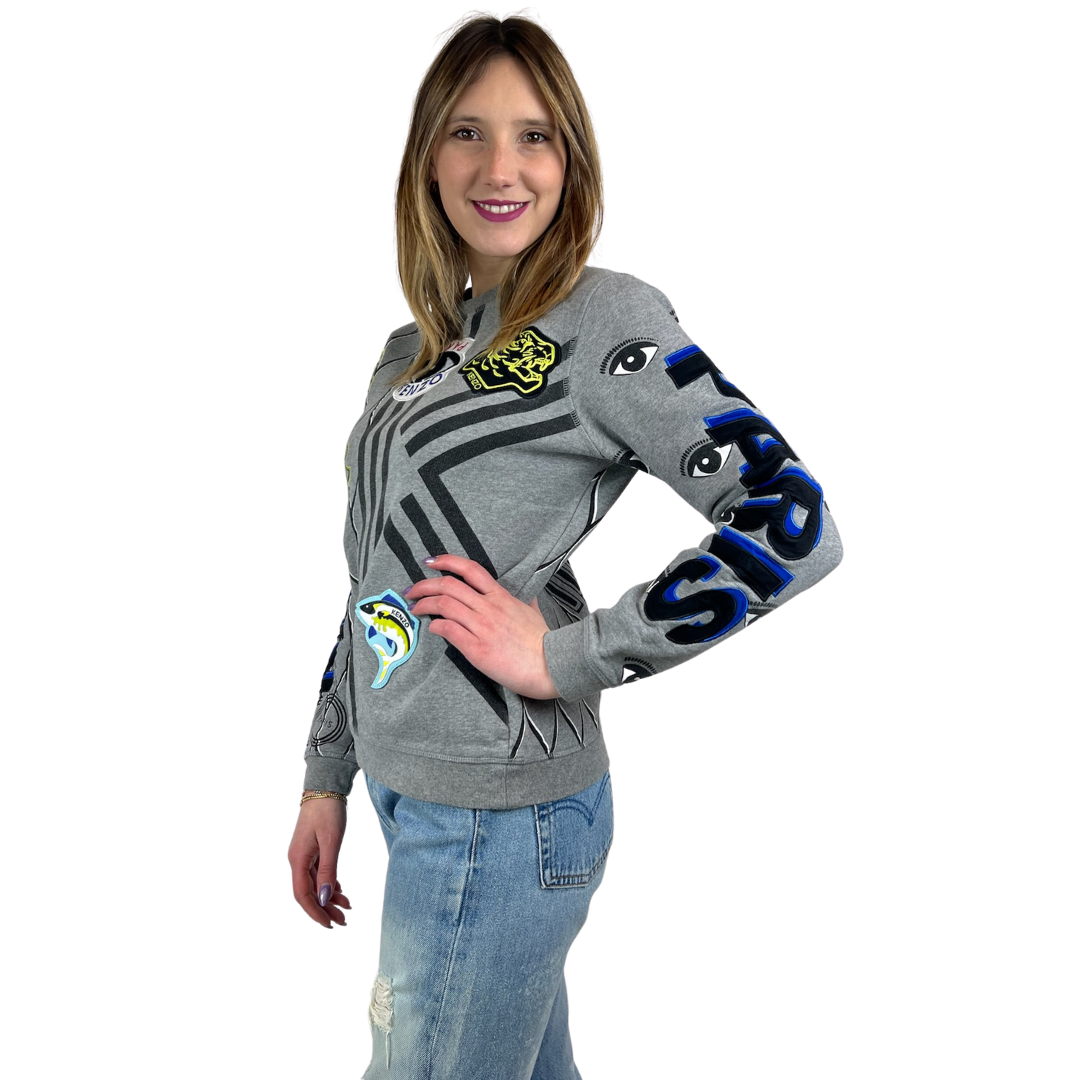 KENZO Felpa grigia con stampe  e stemmi