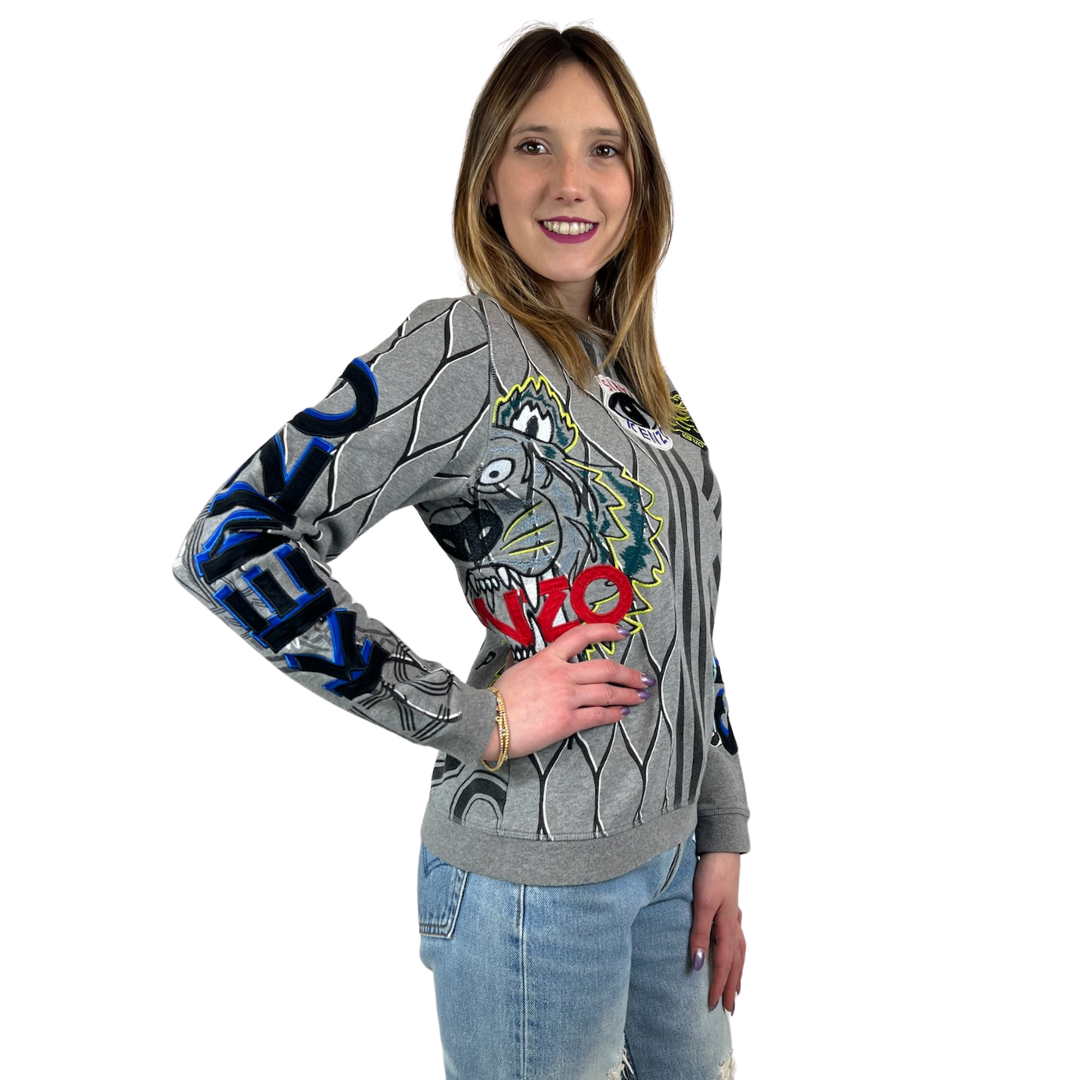 KENZO Felpa grigia con stampe  e stemmi