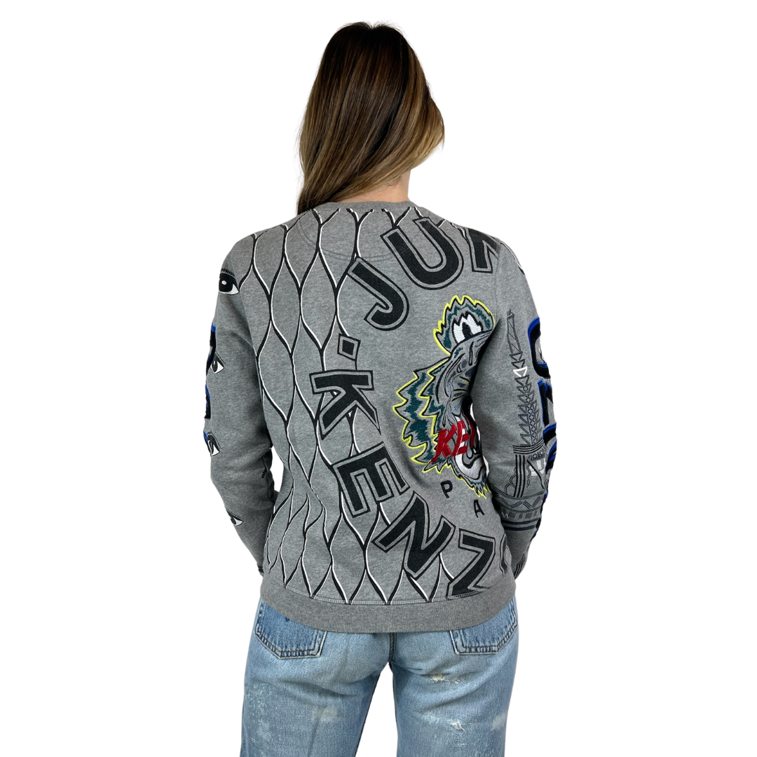 KENZO Felpa grigia con stampe  e stemmi