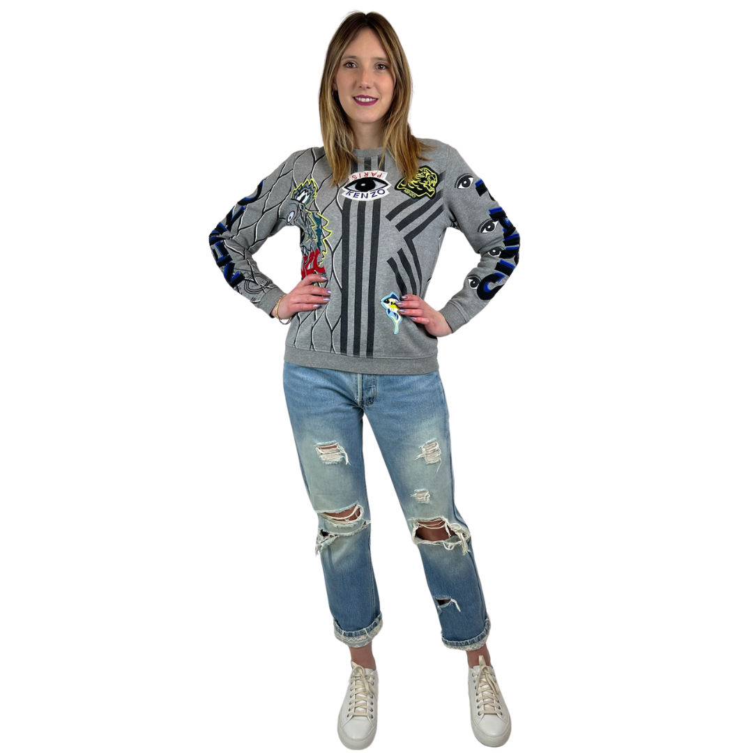 KENZO Felpa grigia con stampe  e stemmi