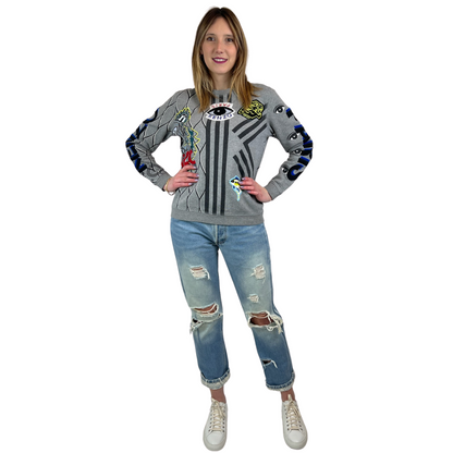 KENZO Felpa grigia con stampe  e stemmi