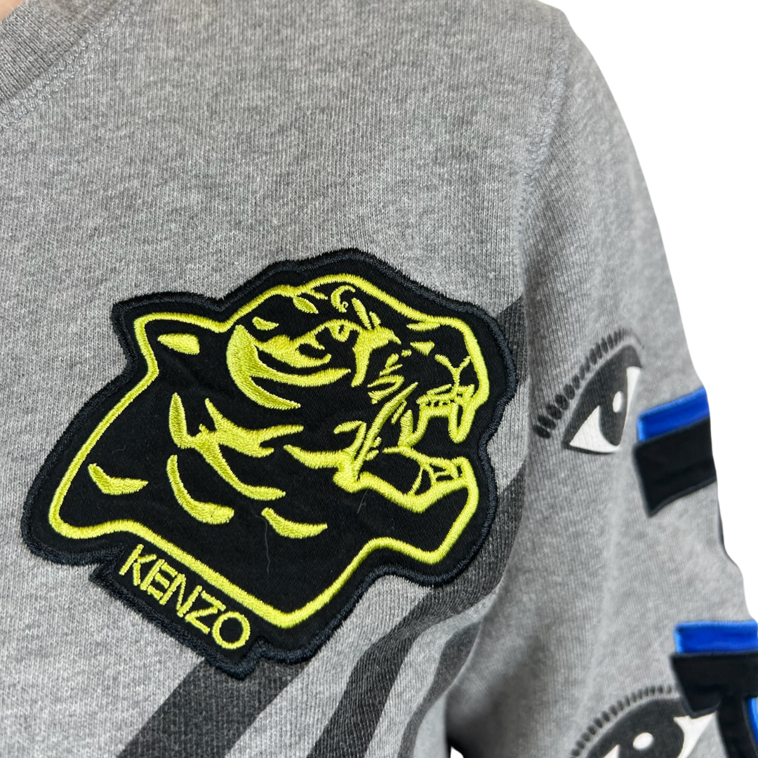 KENZO Felpa grigia con stampe  e stemmi