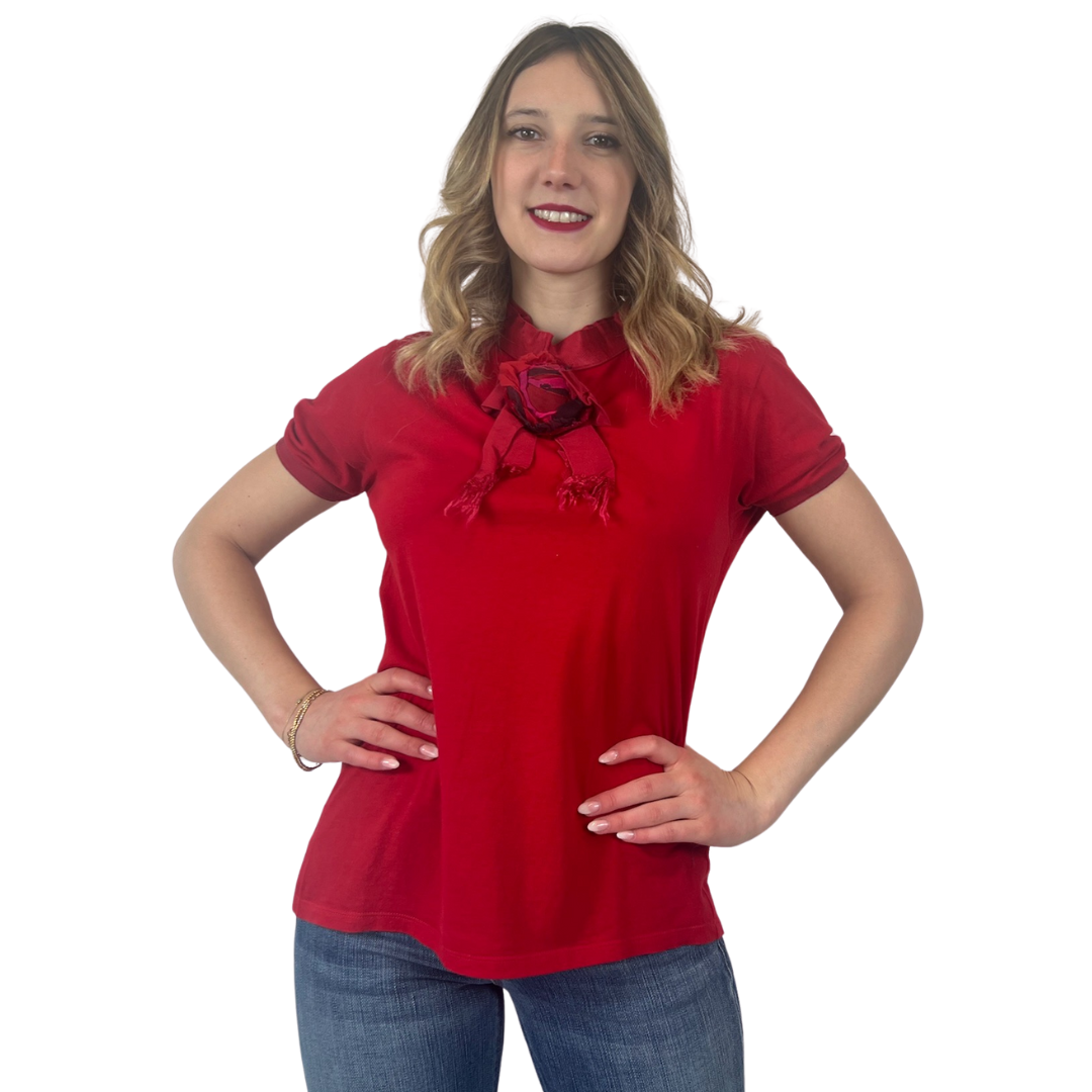 LANVIN T-shirt rossa con fiore in cannetè
