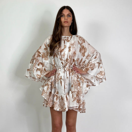 LAVI COUTURE Abito corto ramiè bianco stampa caffè 