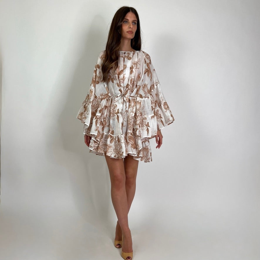 LAVI COUTURE Abito corto ramiè bianco stampa caffè 