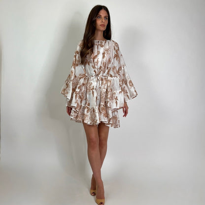 LAVI COUTURE Abito corto ramiè bianco stampa caffè 