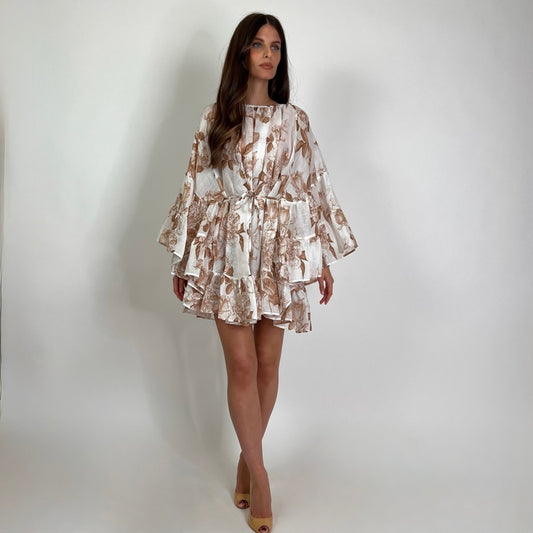LAVI COUTURE Abito corto ramiè bianco stampa caffè 