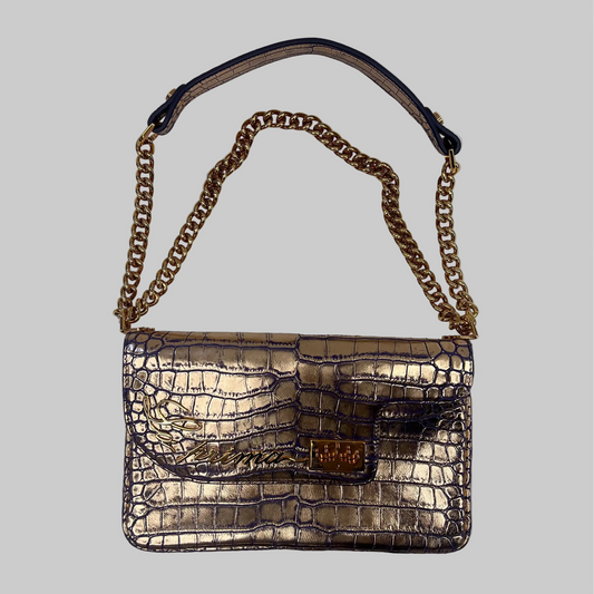 LA PRIMA Borsa rettangolare in coccodrillo toni rosa