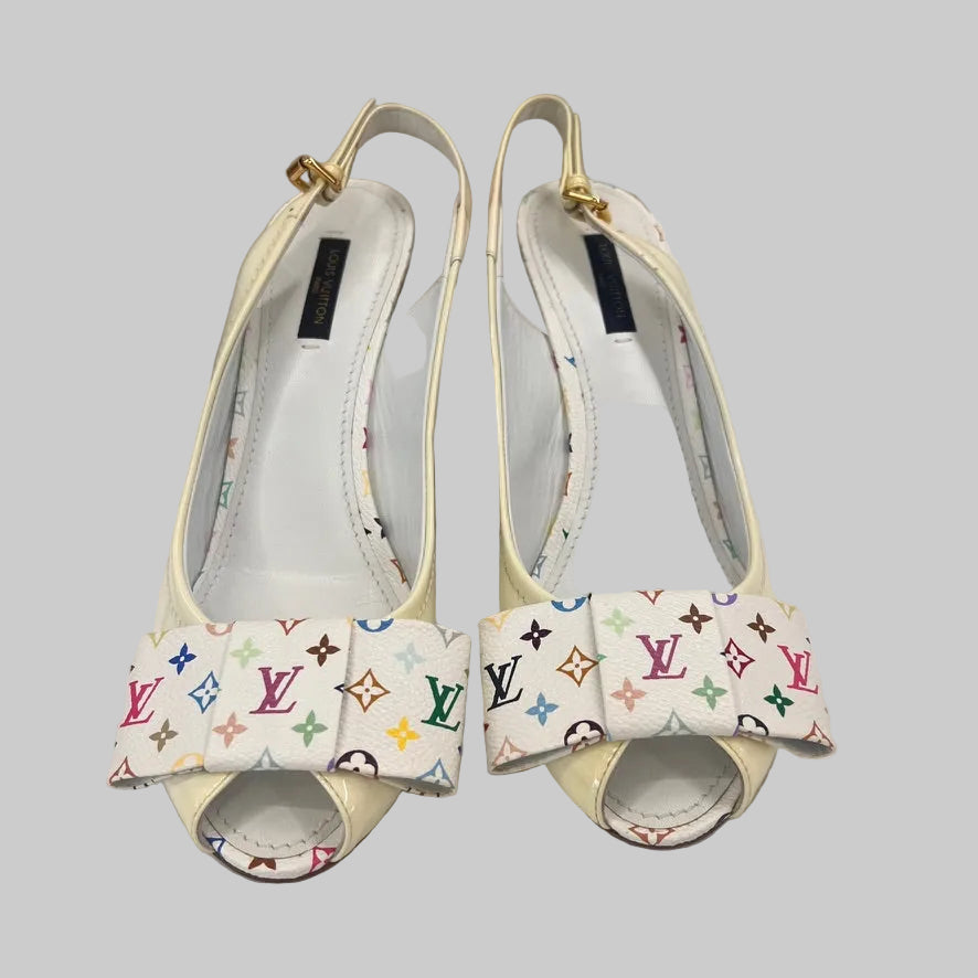 LOUIS VUITTON Sandalo zeppa in vernice panna e fiocco monogram multicolor