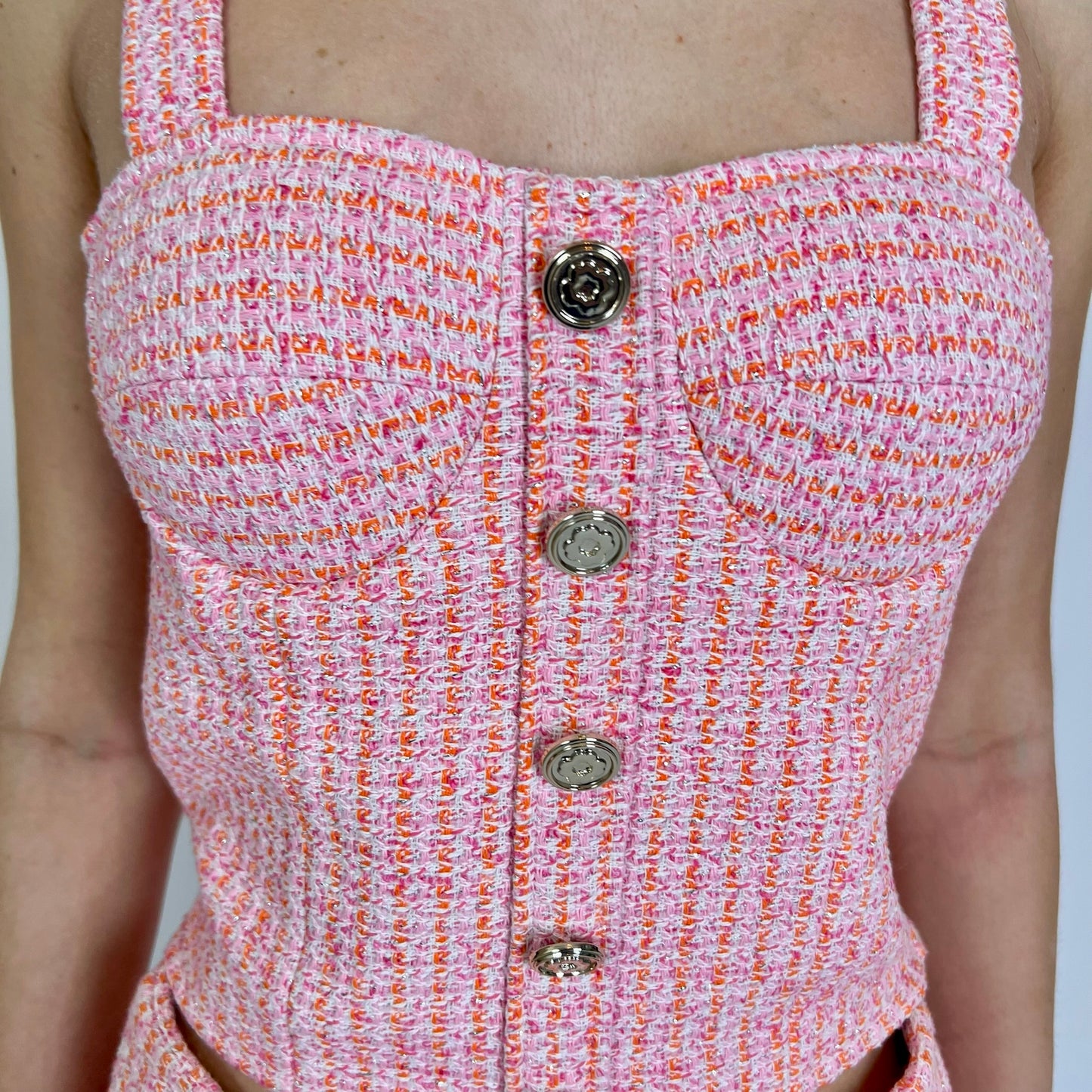 MAJE Completo bouclè top e shorts rosa arancio