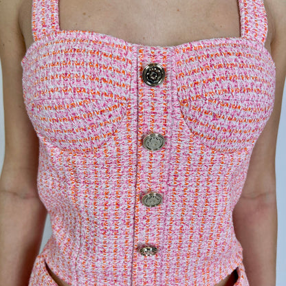 MAJE Completo bouclè top e shorts rosa arancio