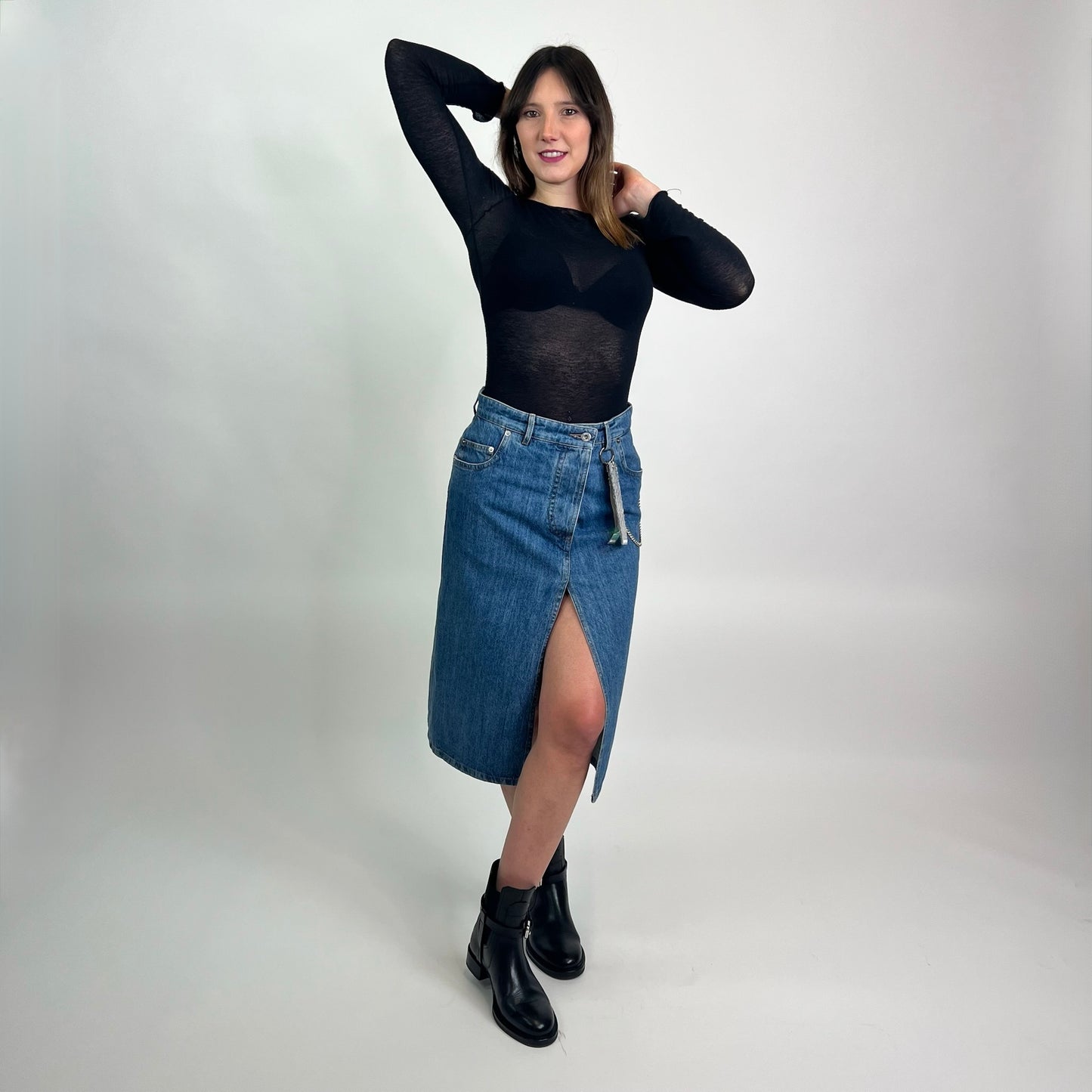 MIU MIU Gonna longuette in jeans con spacco