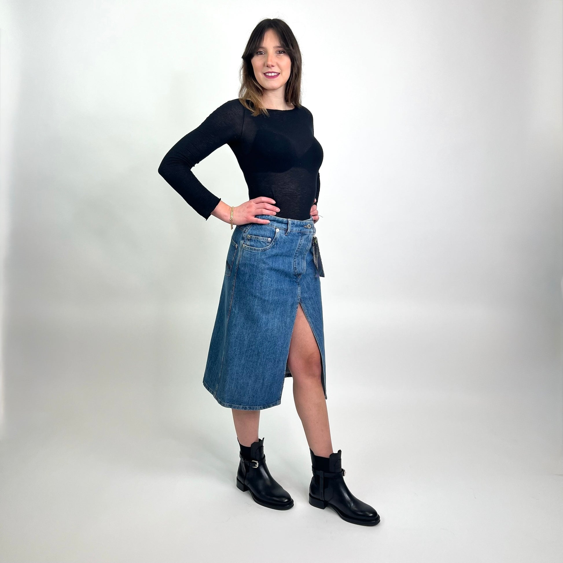 MIU MIU Gonna longuette in jeans con spacco