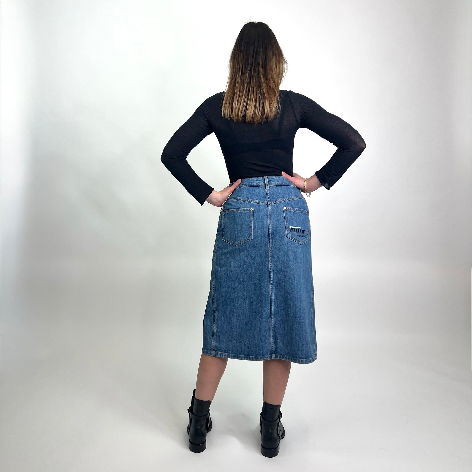MIU MIU Gonna longuette in jeans con spacco