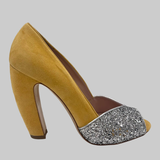 MIU MIU Scarpa décolleté gialla e glitter argento