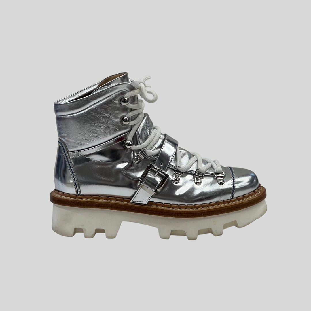 MONCLER Scarpa stivaletto pelle metallizzata argento
