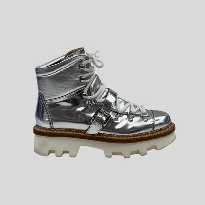 MONCLER Scarpa stivaletto pelle metallizzata argento