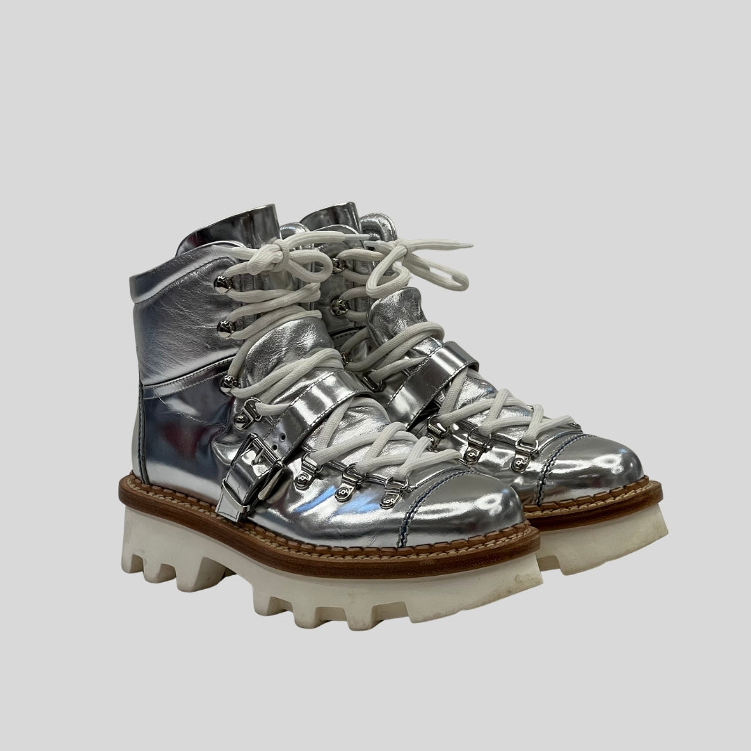 MONCLER Scarpa stivaletto pelle metallizzata argento