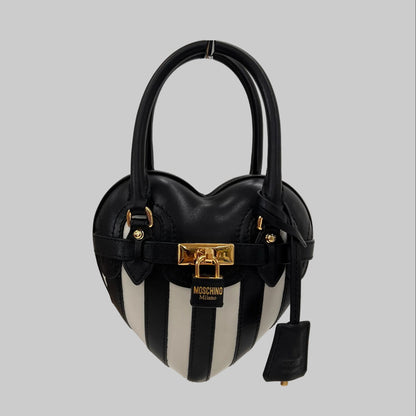 MOSCHINO COUTURE Borsa "Padlock Heart" a forma di cuore in pelle nera con righe bianche