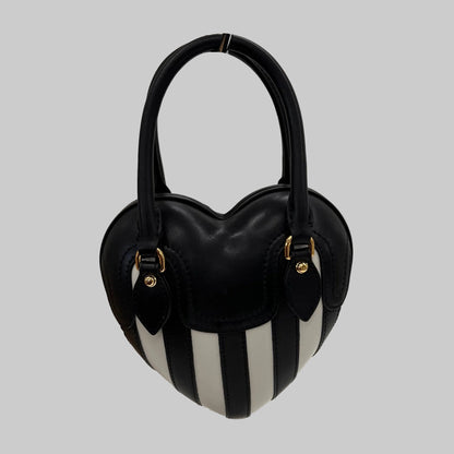 MOSCHINO COUTURE Borsa "Padlock Heart" a forma di cuore in pelle nera con righe bianche