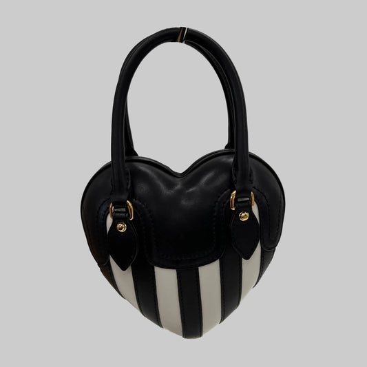 MOSCHINO COUTURE Borsa "Padlock Heart" a forma di cuore in pelle nera con righe bianche